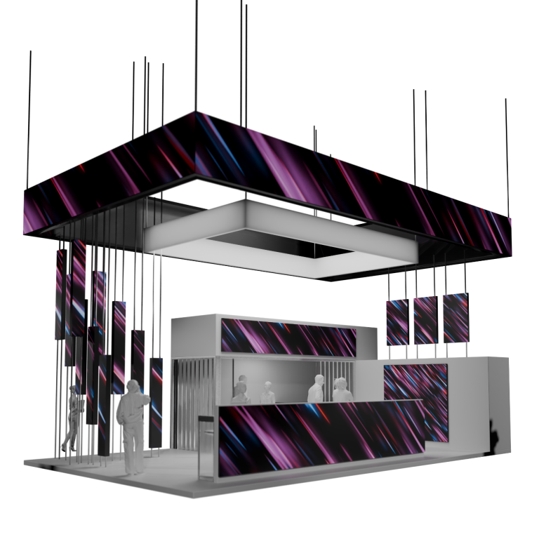 Michael Goodyear Exhibition 3D Concept Modern exhibition stand with dynamic panels and interactive displays.